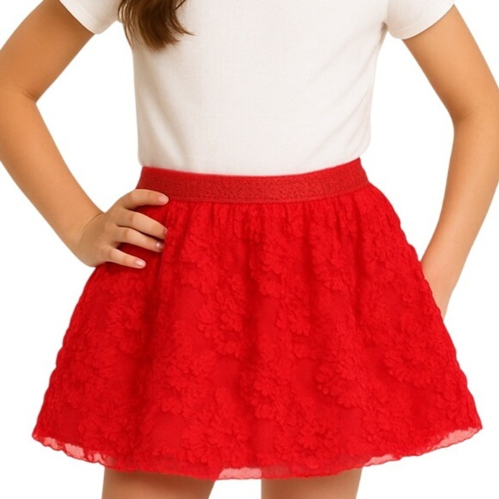 Children's Place Girls Red Floral Tulle Skirt Holiday Sparkle Elastic Waist 7/8